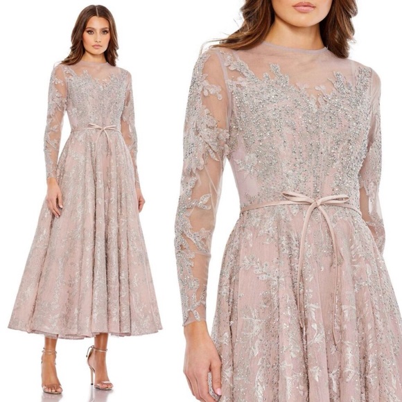 MAC DUGGAL 20337 Embellished Bow Belt Illusion Long Sleeve A Line Dress 16 NEW - Picture 10 of 10